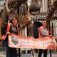 En protesta, activistas alemanas se pegan con goma a enorme dinosaurio en museo de Berlín