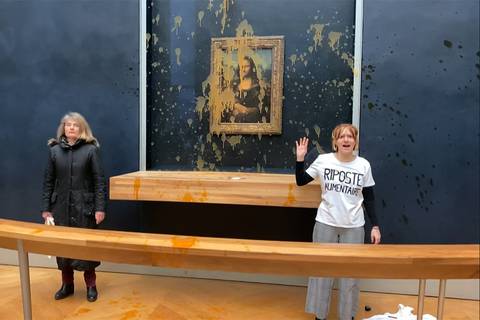 Cuadro de la ‘Mona Lisa’ fue atacado por grupo de ecologistas que exige  una alimentación sana y sostenible