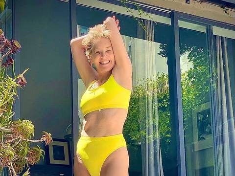 “Agradecidamente imperfecta en un día perfecto”: Sharon Stone reaparece a sus 64 años y posa riendo en topless con un bikini de animal print