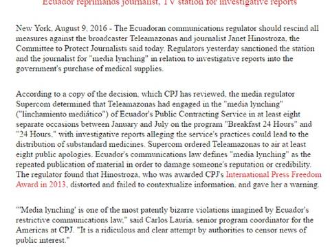 CPJ pide anular sanción impuesta a Teleamazonas