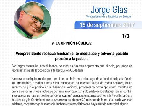 Vicepresidente Jorge Glas habla de linchamiento mediático y advierte con acciones