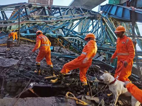 Enorme grúa se desplomó en una carretera en el oeste de India y provocó la muerte de al menos 17 trabajadores