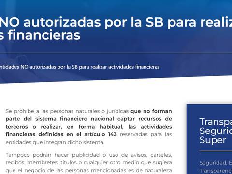 Estas son las entidades no autorizadas para actividades financieras en Ecuador