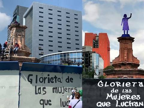 Colectivo reemplaza monumento de Colón por uno dedicado a ‘las mujeres que luchan’, en México
