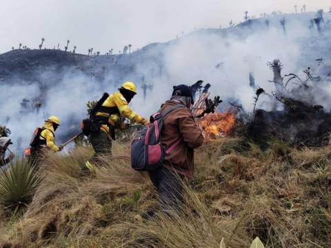 ‘Unidos por el páramo’: Ministerio del Ambiente solicita donaciones para los socorristas que combaten incendio en la reserva ecológica El Ángel