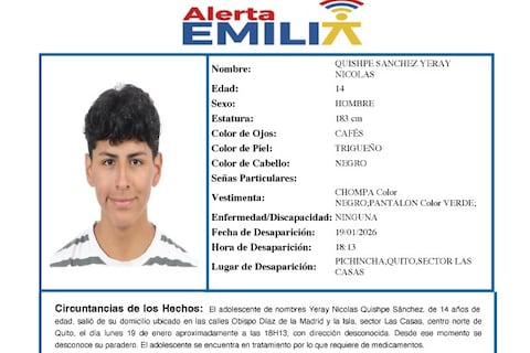 Alerta Emilia por Yeray Nicolás Quishpe Sánchez, de 14 años, desaparecido en Quito