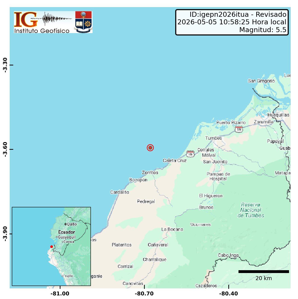 Un sismo de magnitud 5,5 sacude Ecuador y Perú: epicentro frente a Tumbes
