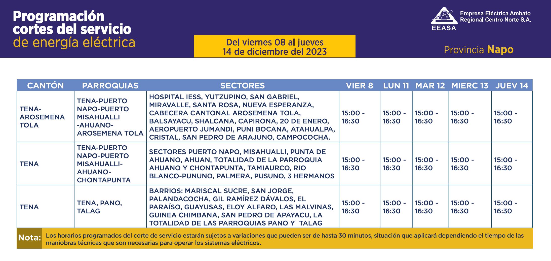 Horarios de cortes de luz en Napo para este jueves 14 de diciembre